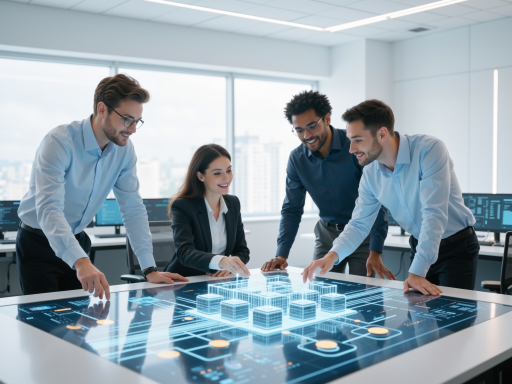 专业团队工作场景，展示AI工程师和技术人员在现代化办公环境中协作，蓝色背景，明亮自然光，多人围坐讨论技术方案