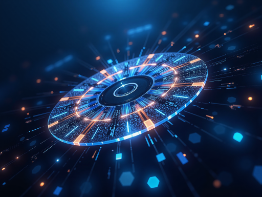 未来科技概念图，展示AI技术发展趋势和应用场景，蓝色背景，明亮自然光，抽象化的数据流和网络连接效果